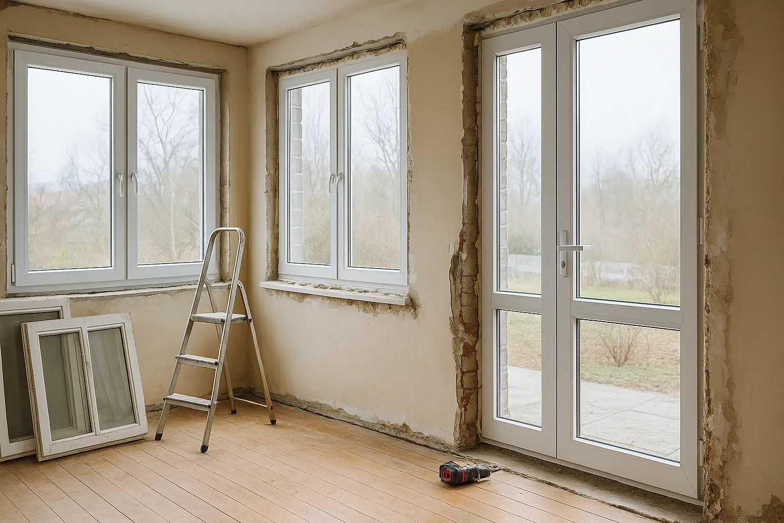 Baustelle Renovierung im Haus Leiter Fenster Tür
